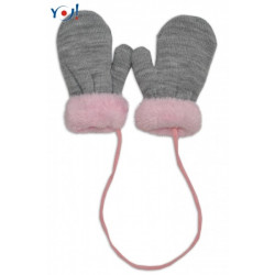 Zimní kojenecké rukavičky s kožíškem - se šňůrkou YO - šedé/růžový kožíšek