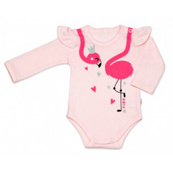 Baby Nellys Bavlněné kojenecké body, dl. rukáv, Flamingo s volánkem - růžové
