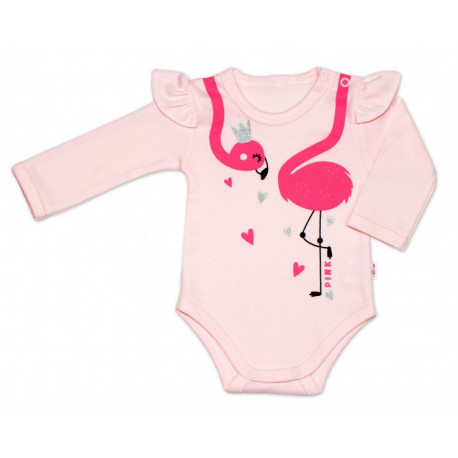 Baby Nellys Bavlněné kojenecké body, dl. rukáv, Flamingo s volánkem - růžové