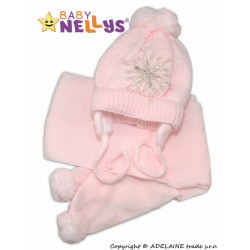 BABY NELLYS Zimní čepička s šálou - Sněhová vločka v růžové